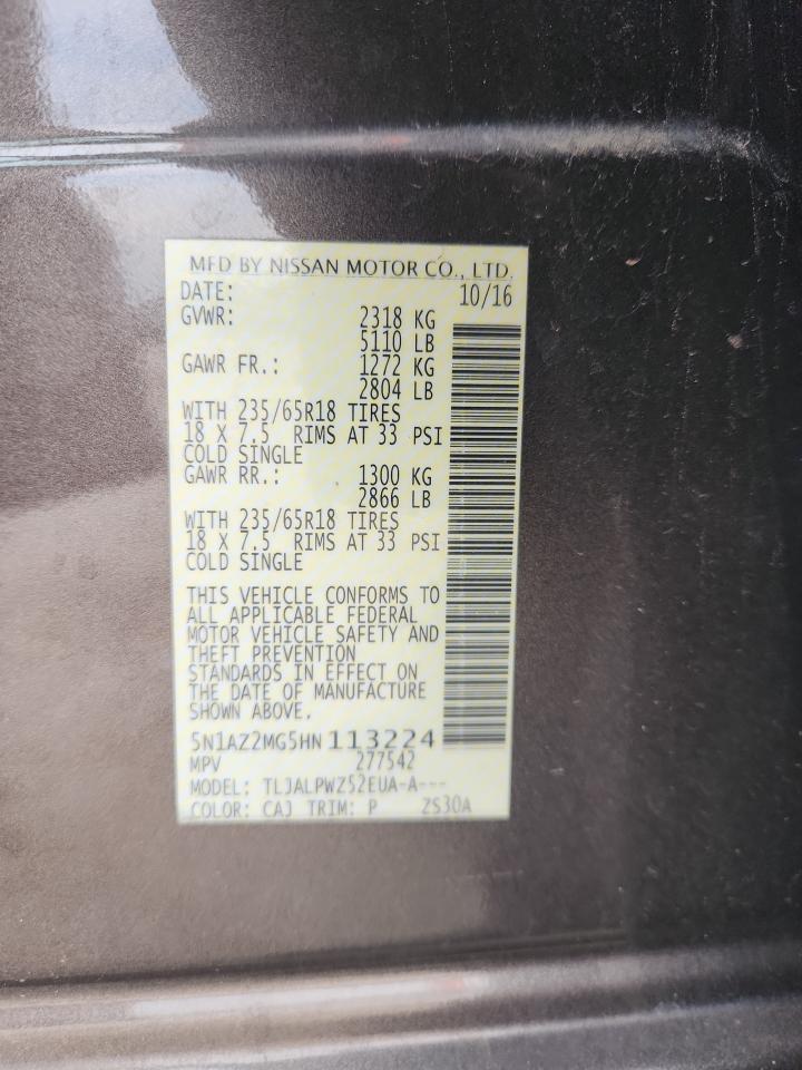 2017 Nissan Murano S VIN: 5N1AZ2MG5HN113224 Lot: 85674685