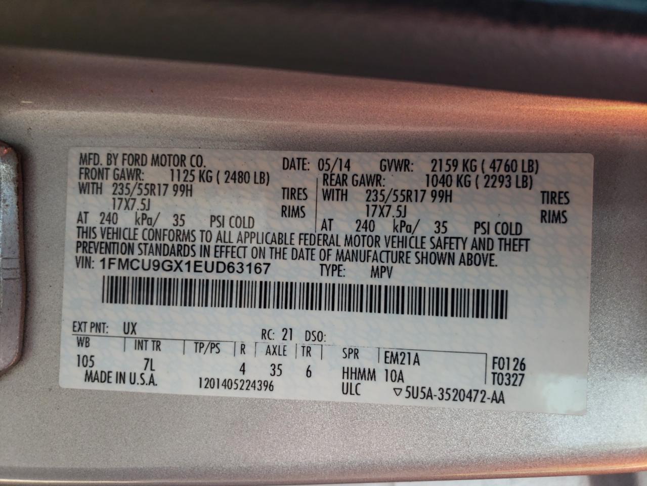 2014 Ford Escape Se VIN: 1FMCU9GX1EUD63167 Lot: 82384495