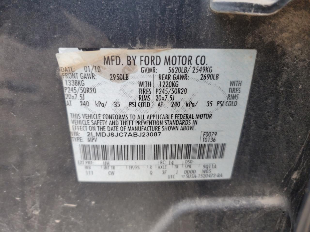 2010 Lincoln Mkx VIN: 2LMDJ8JC7ABJ23087 Lot: 85420075