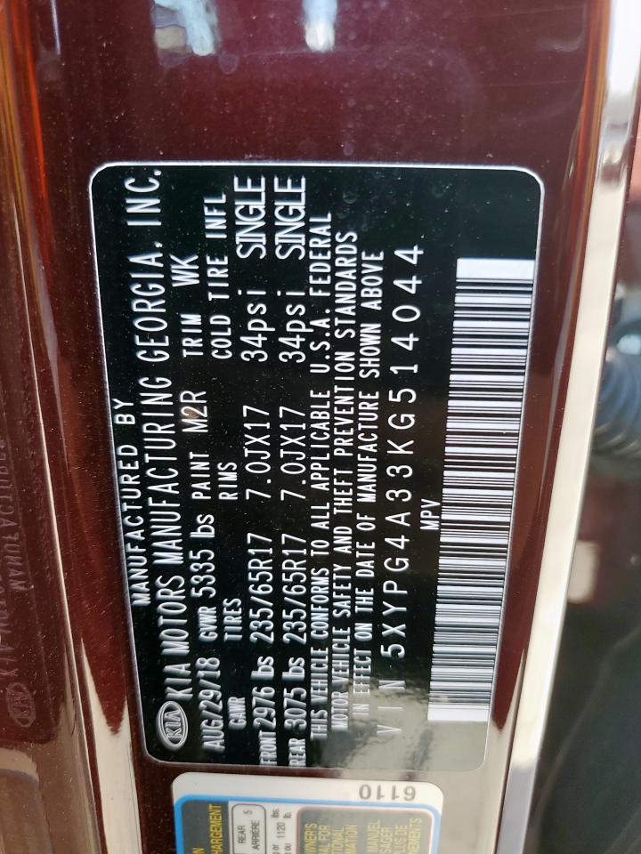 2019 Kia Sorento L VIN: 5XYPG4A33KG514044 Lot: 85191995