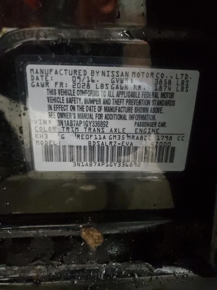 2016 Nissan Sentra S VIN: 3N1AB7AP1GY336892 Lot: 82255445