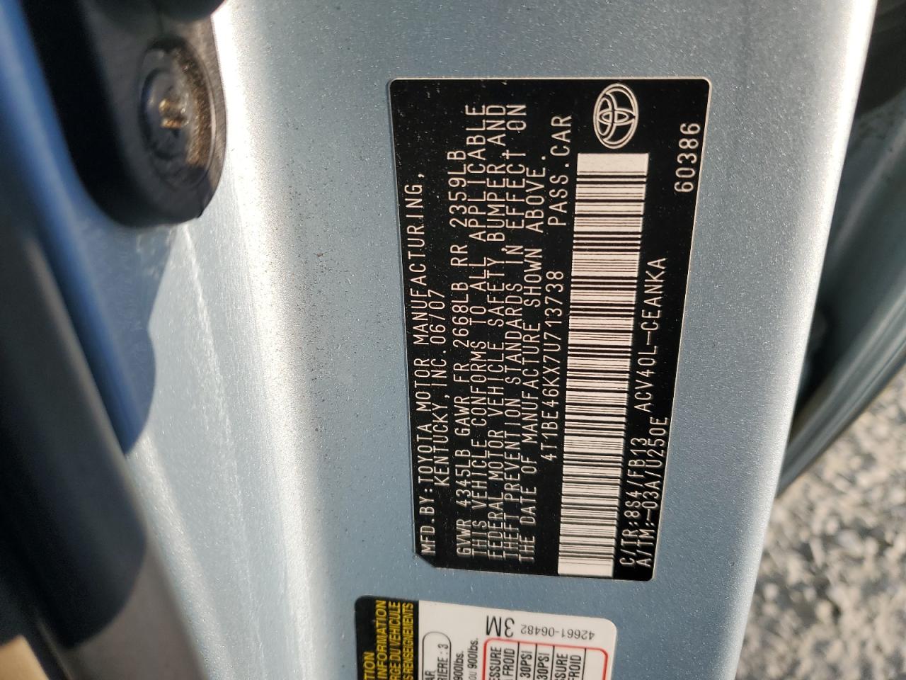 2007 Toyota Camry Ce VIN: 4T1BE46KX7U713738 Lot: 86875575