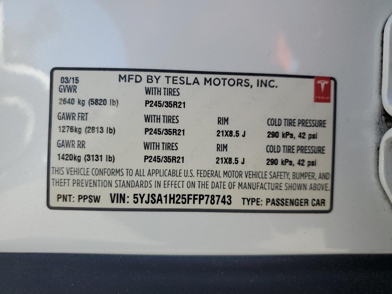 2015 Tesla Model S 85D VIN: 5YJSA1H25FFP78743 Lot: 83797745