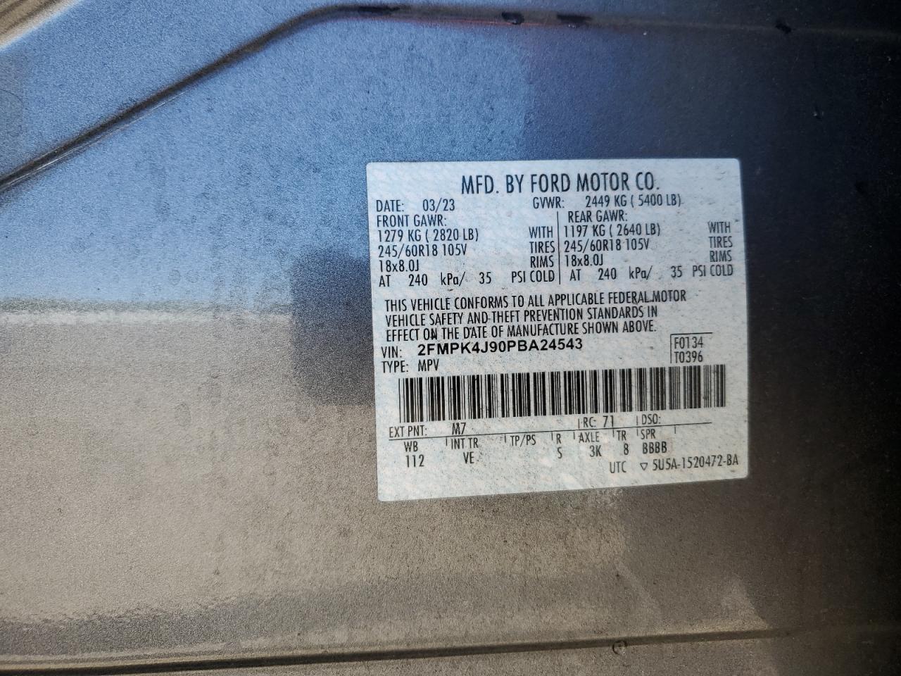 2023 Ford Edge Sel VIN: 2FMPK4J90PBA24543 Lot: 86673745