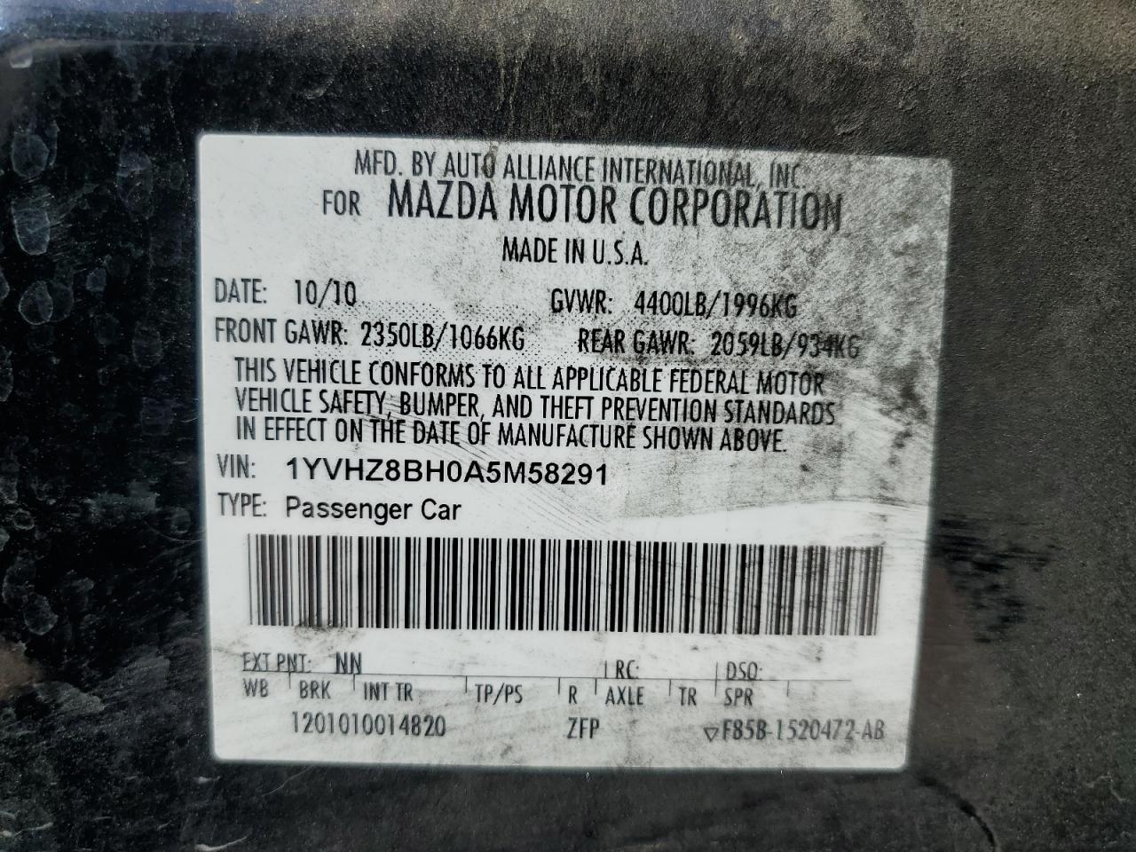 2010 Mazda 6 I VIN: 1YVHZ8BH0A5M58291 Lot: 90427145