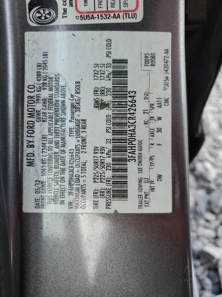 2012 Ford Fusion Se VIN: 3FAHP0HA3CR426643 Lot: 85135015