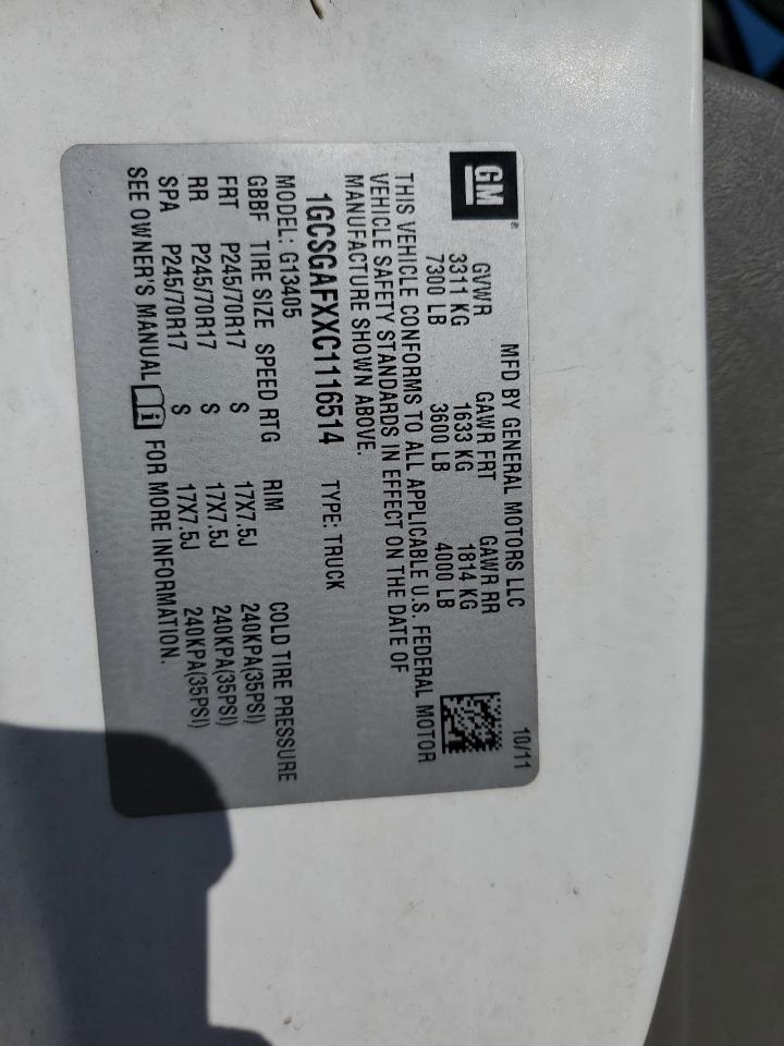 2012 Chevrolet Express G1500 VIN: 1GCSGAFXXC1116514 Lot: 85672585