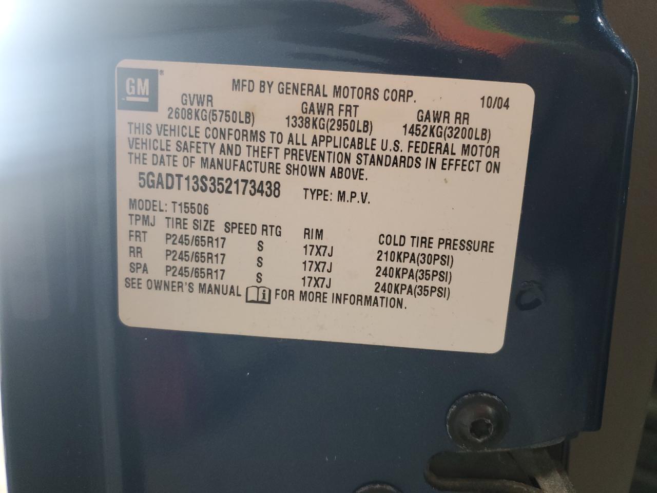 2005 Buick Rainier Cxl VIN: 5GADT13S352173438 Lot: 89698365