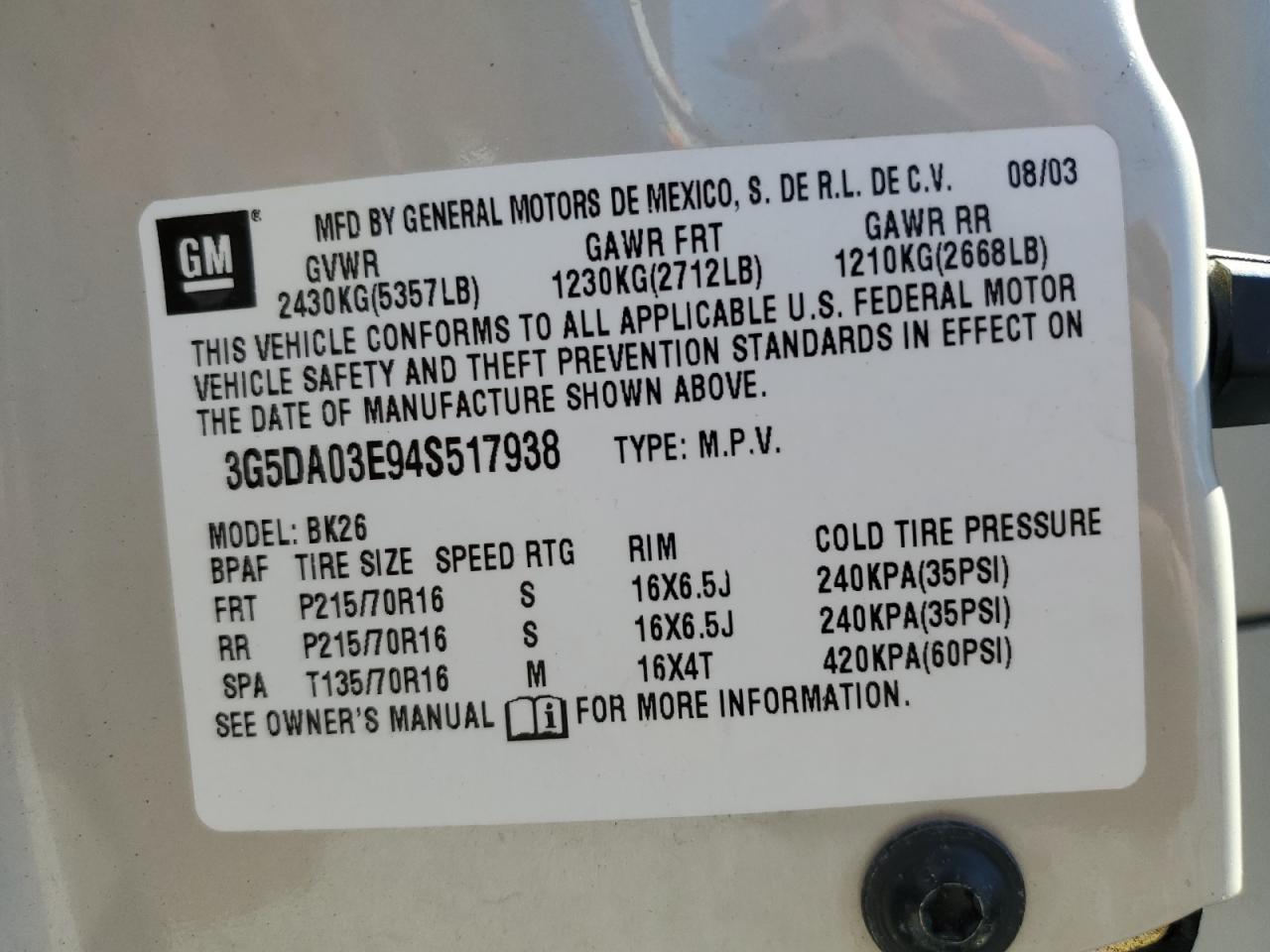 2004 Buick Rendezvous Cx VIN: 3G5DA03E94S517938 Lot: 85677845