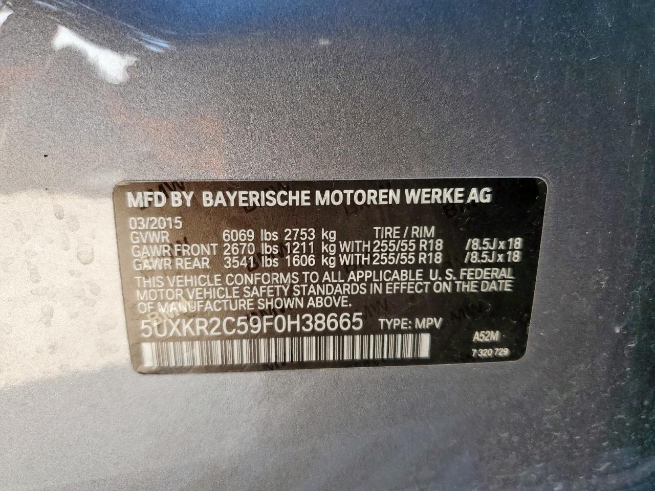 2015 BMW X5 Sdrive35I VIN: 5UXKR2C59F0H38665 Lot: 85319625
