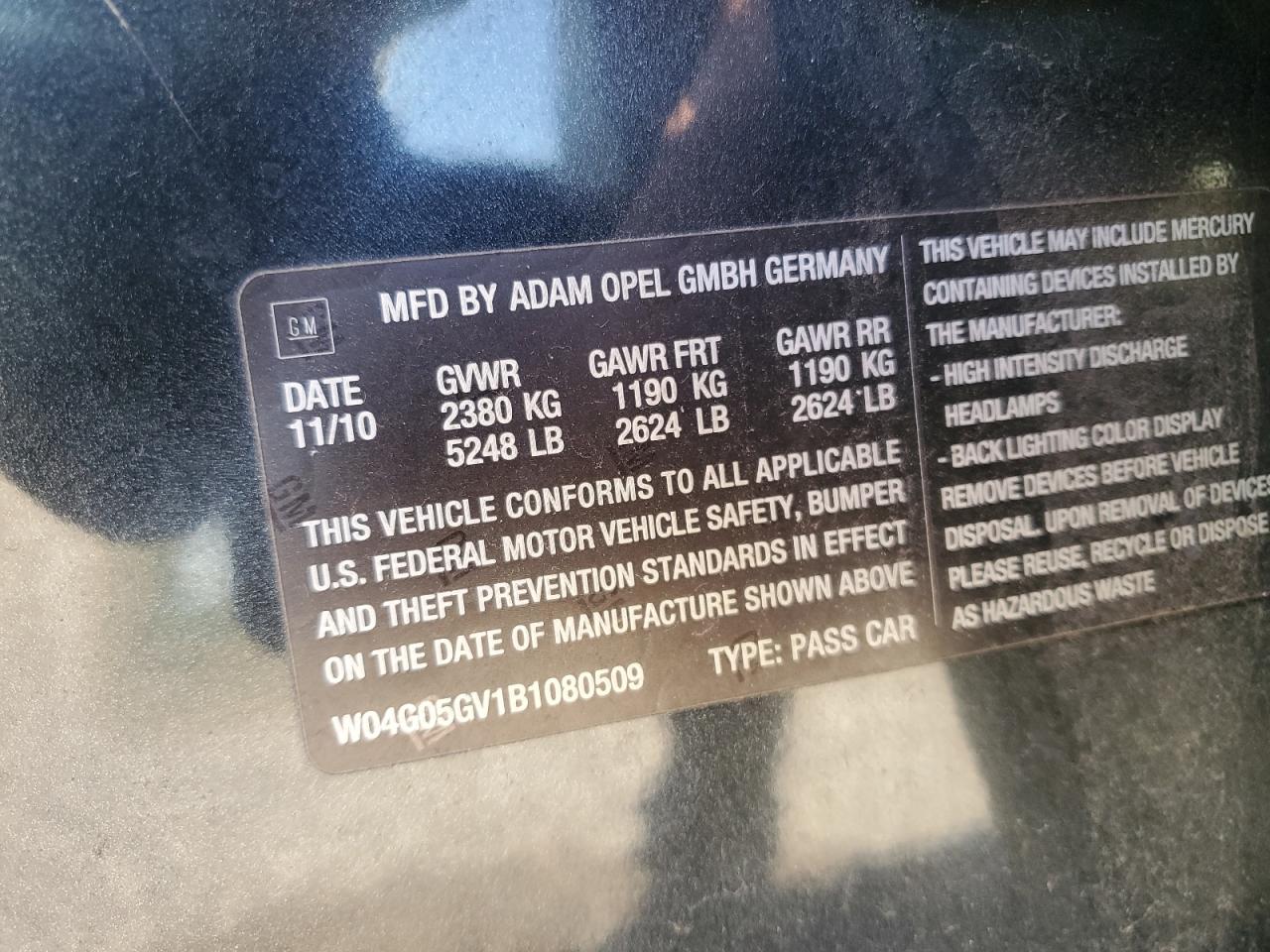 2011 Buick Regal Cxl VIN: W04G05GV1B1080509 Lot: 85724255