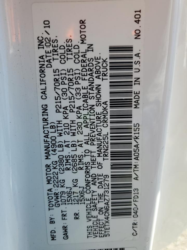 2010 Toyota Tacoma Access Cab VIN: 5TETX4CN6AZ731279 Lot: 85011915