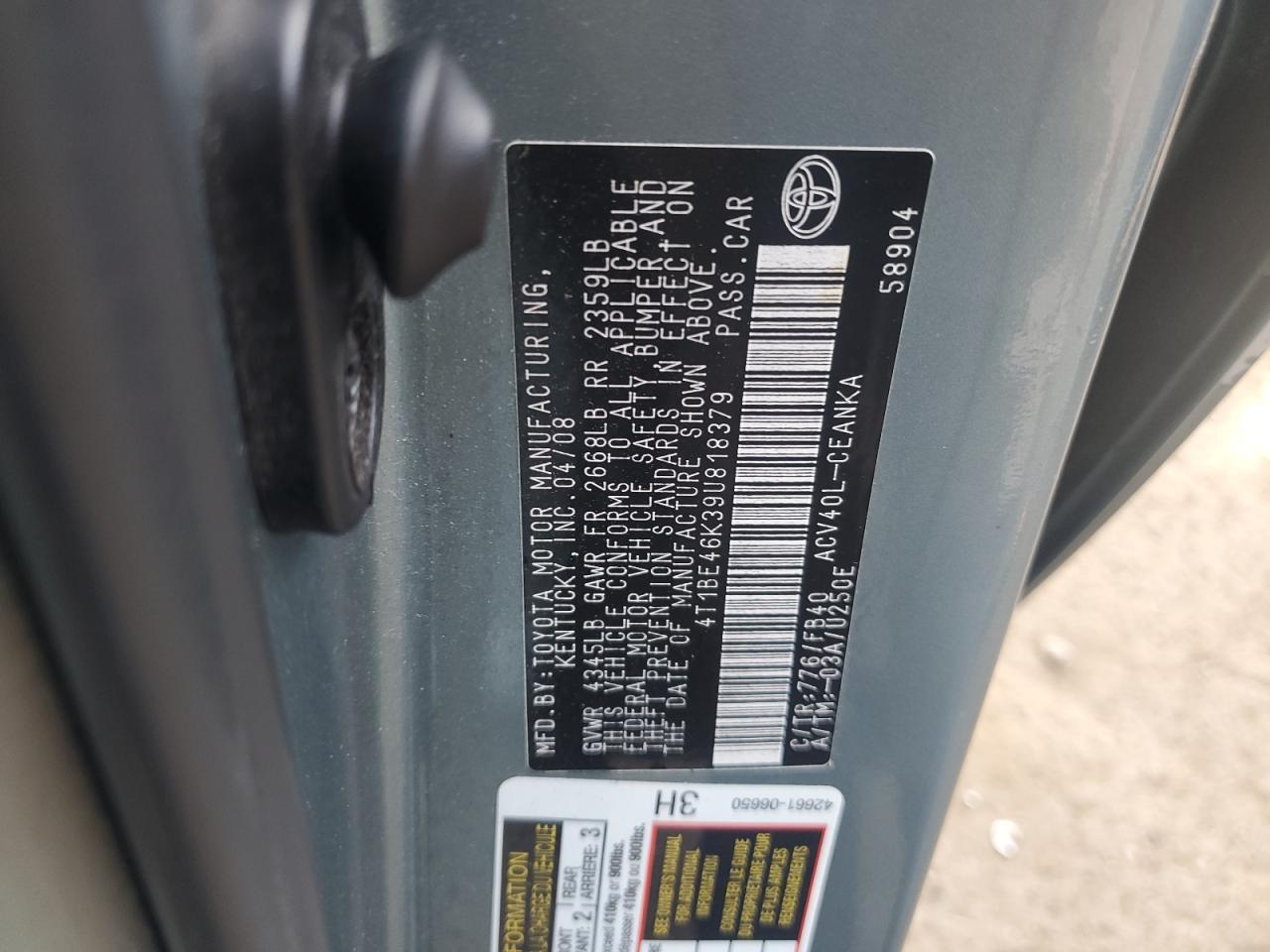 2009 Toyota Camry Base VIN: 4T1BE46K39U818379 Lot: 84651145