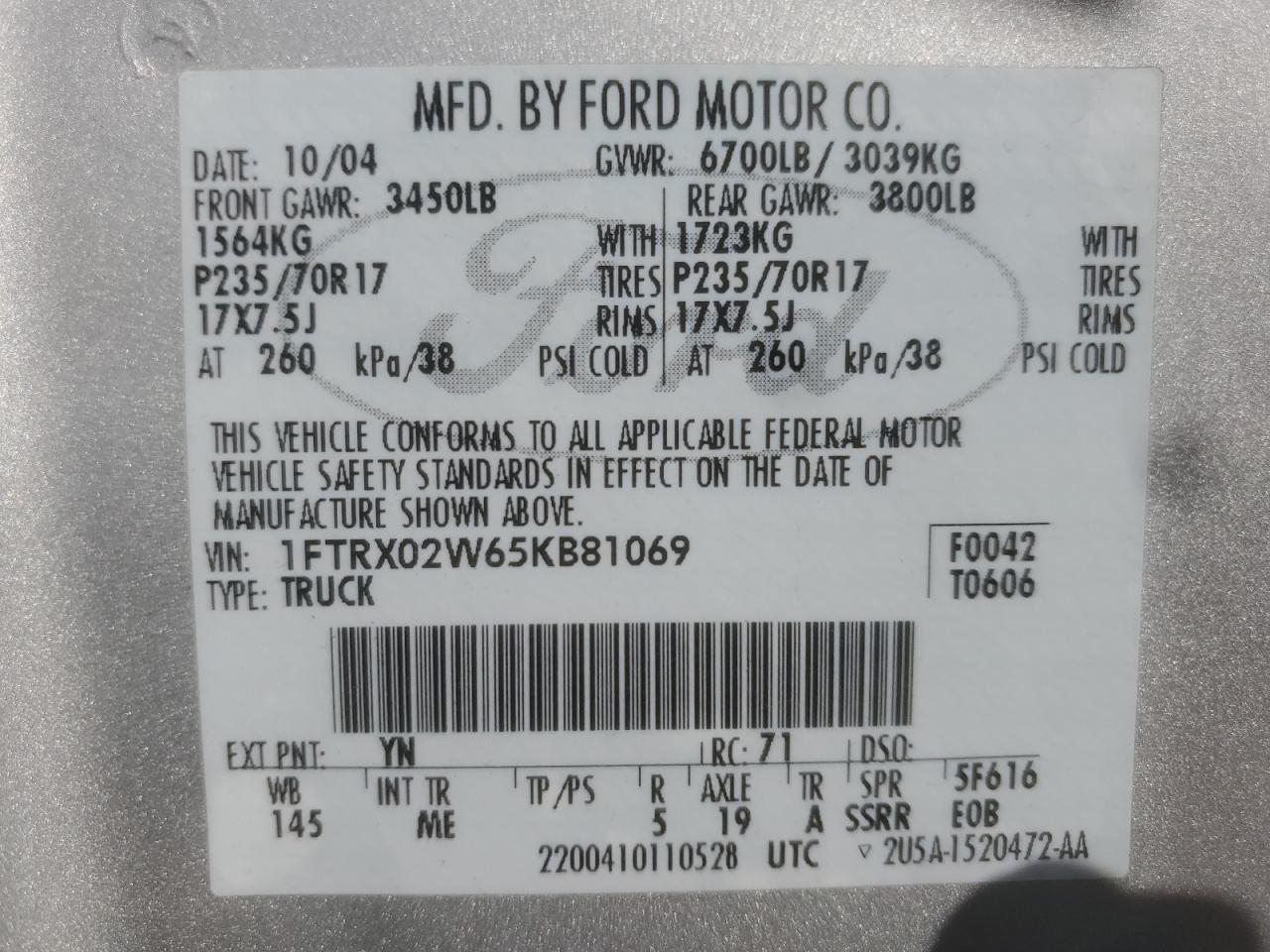 2005 Ford F150 VIN: 1FTRX02W65KB81069 Lot: 82608435