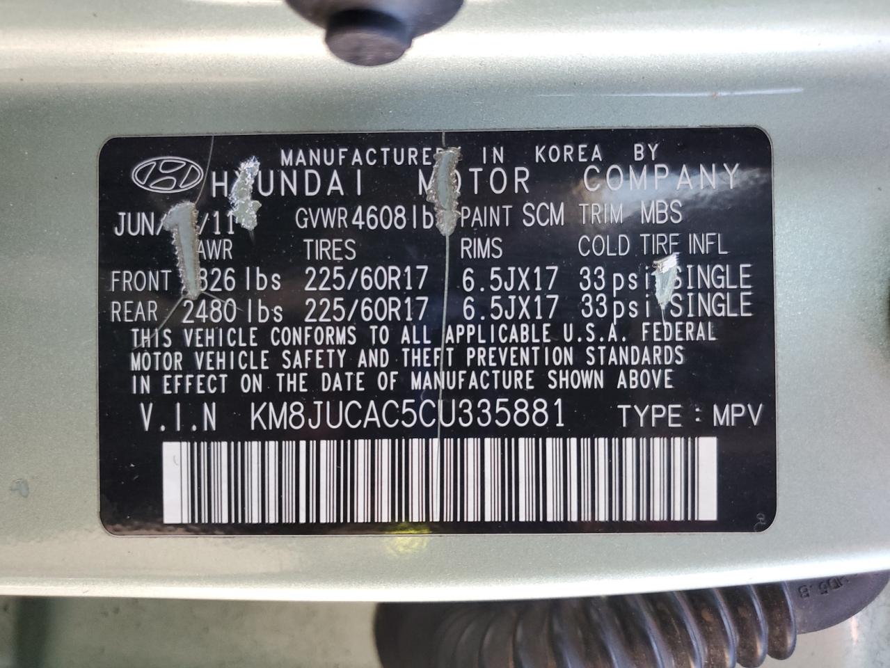 2012 Hyundai Tucson Gls VIN: KM8JUCAC5CU335881 Lot: 84771235