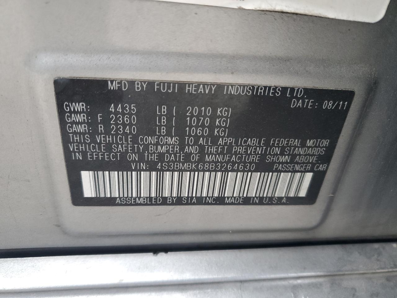 2011 Subaru Legacy 2.5I Limited VIN: 4S3BMBK68B3264630 Lot: 90410185