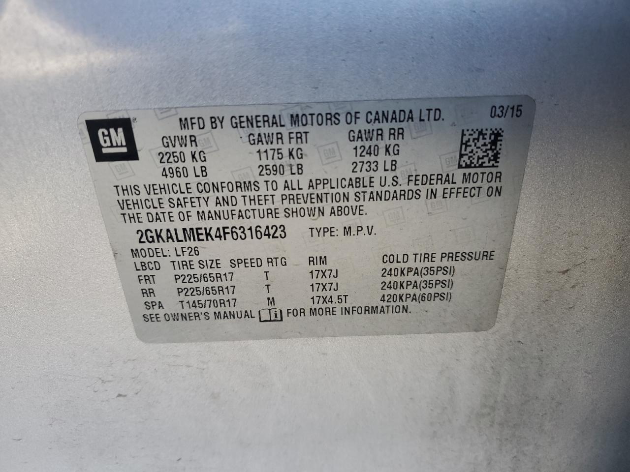 2015 GMC Terrain Sle VIN: 2GKALMEK4F6316423 Lot: 87095925