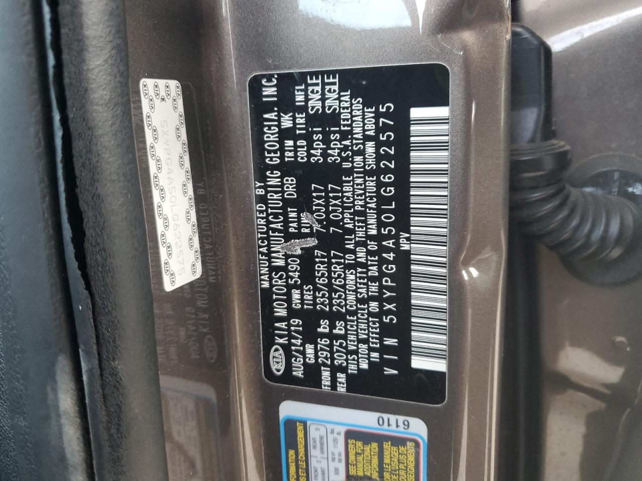 2020 Kia Sorento S VIN: 5XYPG4A50LG622575 Lot: 87081825