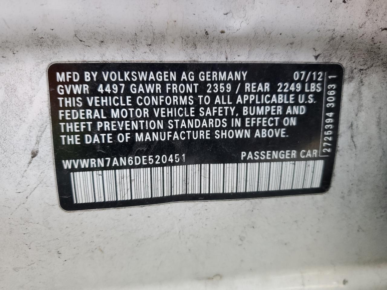 2013 Volkswagen Cc Luxury VIN: WVWRN7AN6DE520451 Lot: 90508115