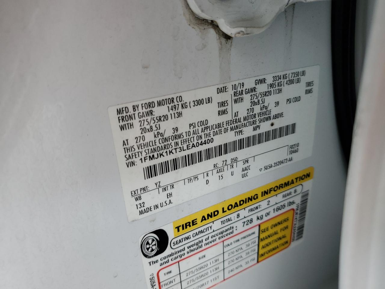 2020 Ford Expedition Max Limited VIN: 1FMJK1KT3LEA04400 Lot: 85485675