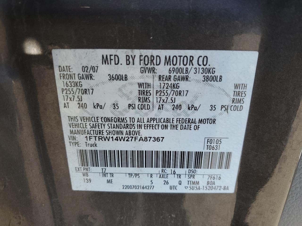2007 Ford F150 Supercrew VIN: 1FTRW14W27FA87367 Lot: 83757595