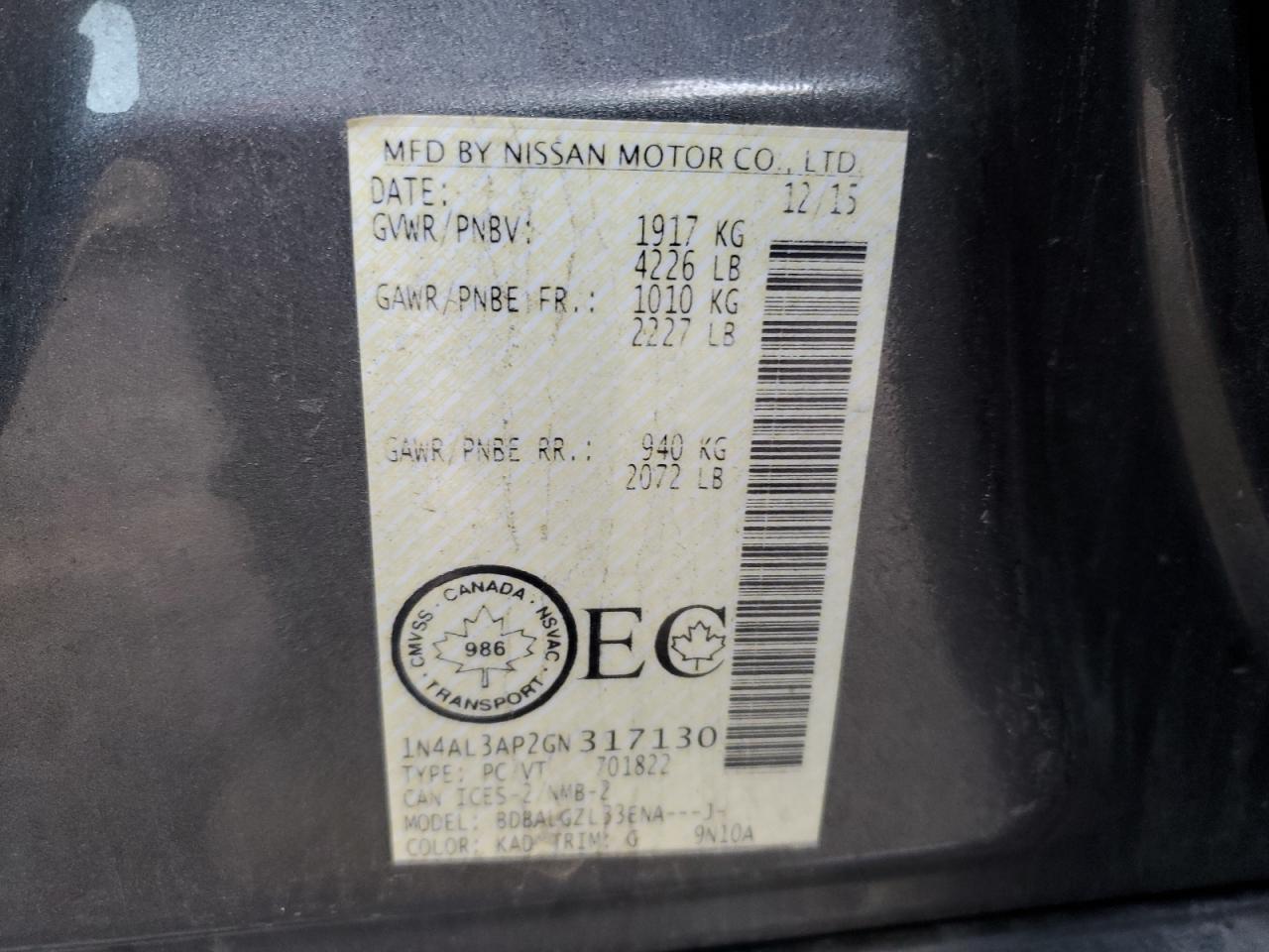 2016 Nissan Altima 2.5 VIN: 1N4AL3AP2GN317130 Lot: 86257165