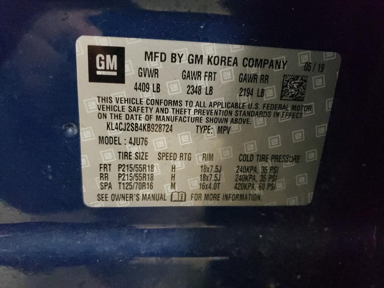 2019 Buick Encore Sport Touring VIN: KL4CJ2SB4KB928724 Lot: 86125115