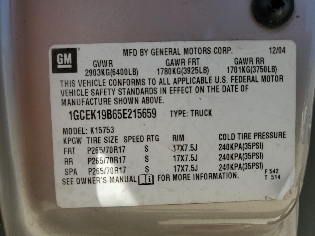 2005 Chevrolet Silverado K1500 VIN: 1GCEK19B65E215659 Lot: 84930025