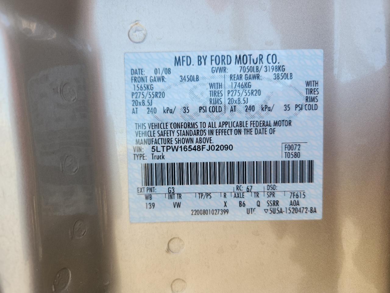 2008 Lincoln Mark Lt VIN: 5LTPW16548FJ02090 Lot: 90086215