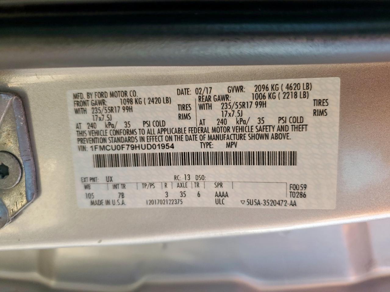 2017 Ford Escape S VIN: 1FMCU0F79HUD01954 Lot: 81877775