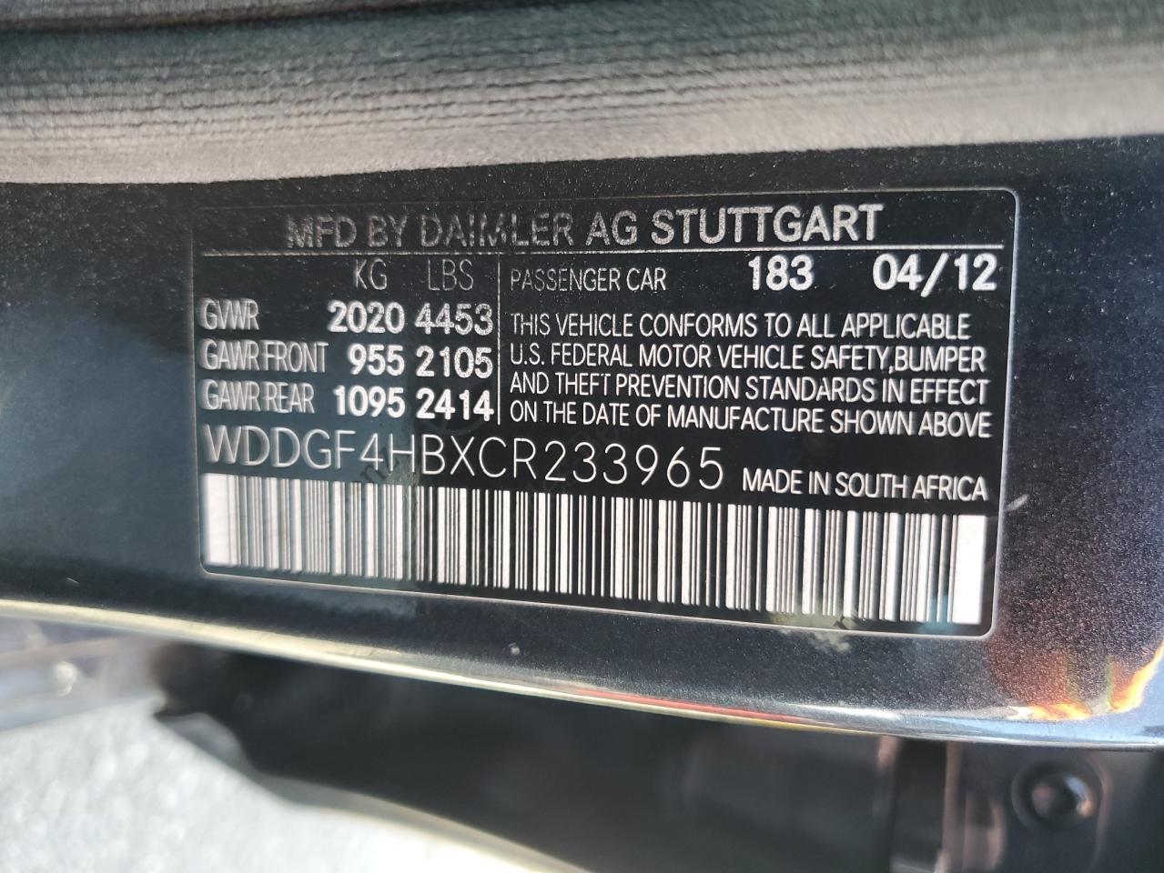 2012 Mercedes-Benz C 250 VIN: WDDGF4HBXCR233965 Lot: 82598215