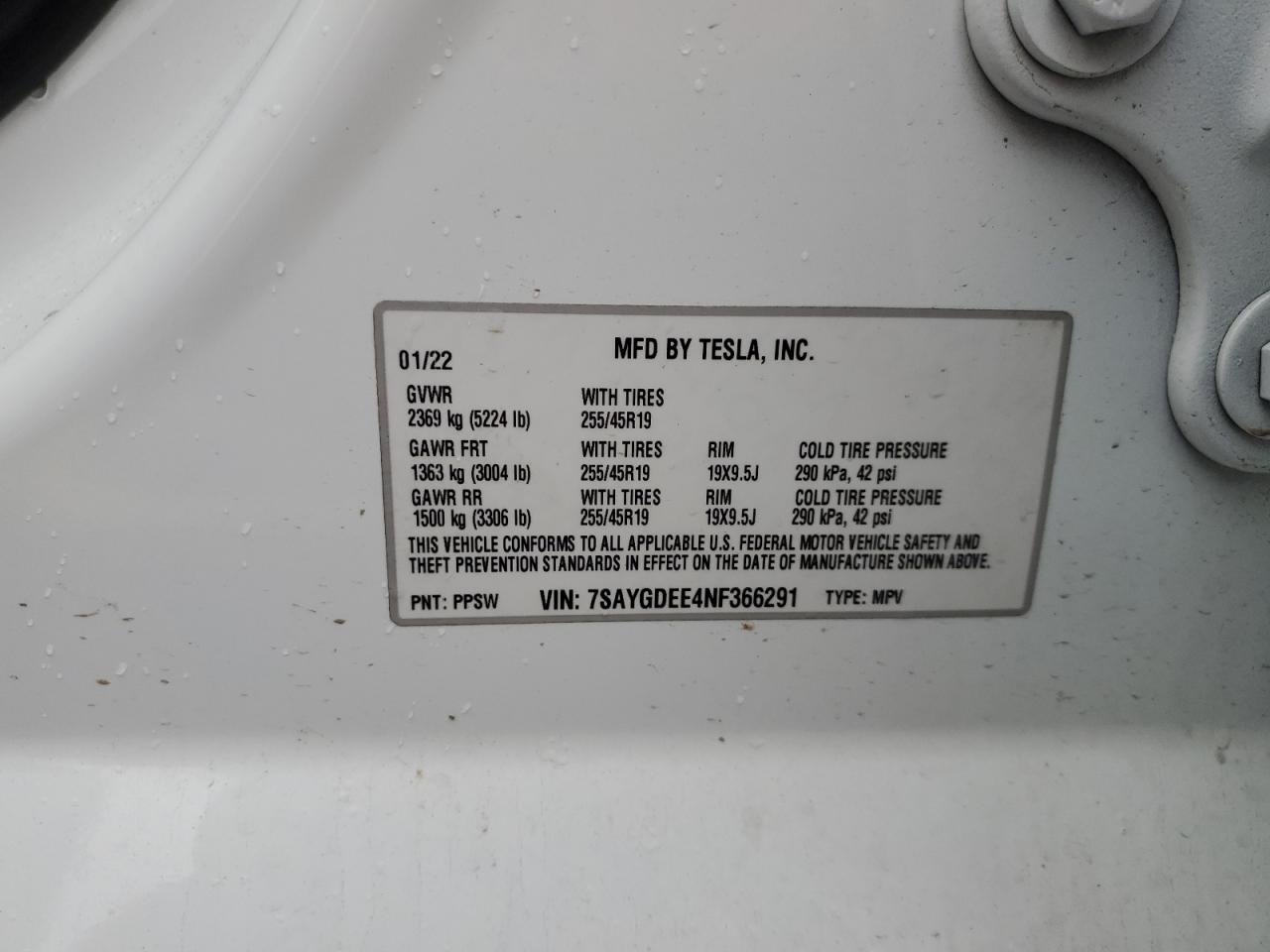 2022 Tesla Model Y VIN: 7SAYGDEE4NF366291 Lot: 85678545