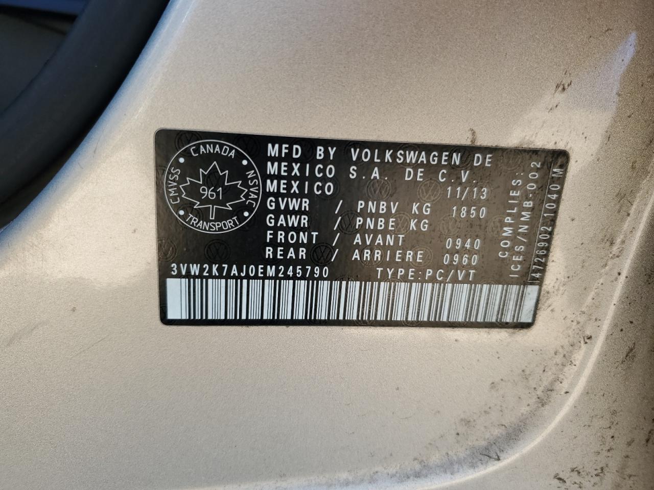 2014 Volkswagen Jetta Base VIN: 3VW2K7AJ0EM245790 Lot: 84741855