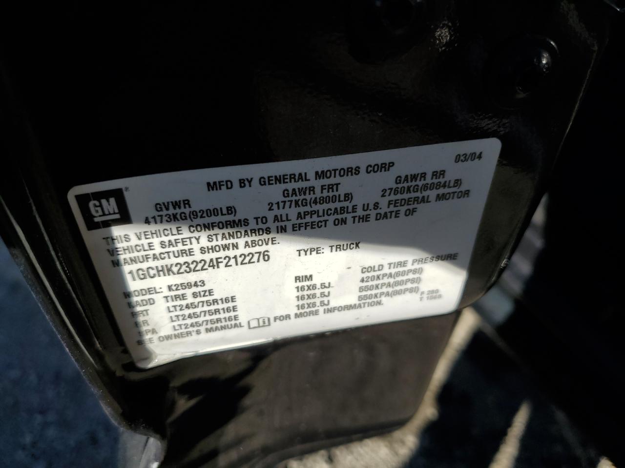 2004 Chevrolet Silverado K2500 Heavy Duty VIN: 1GCHK23224F212276 Lot: 82424225