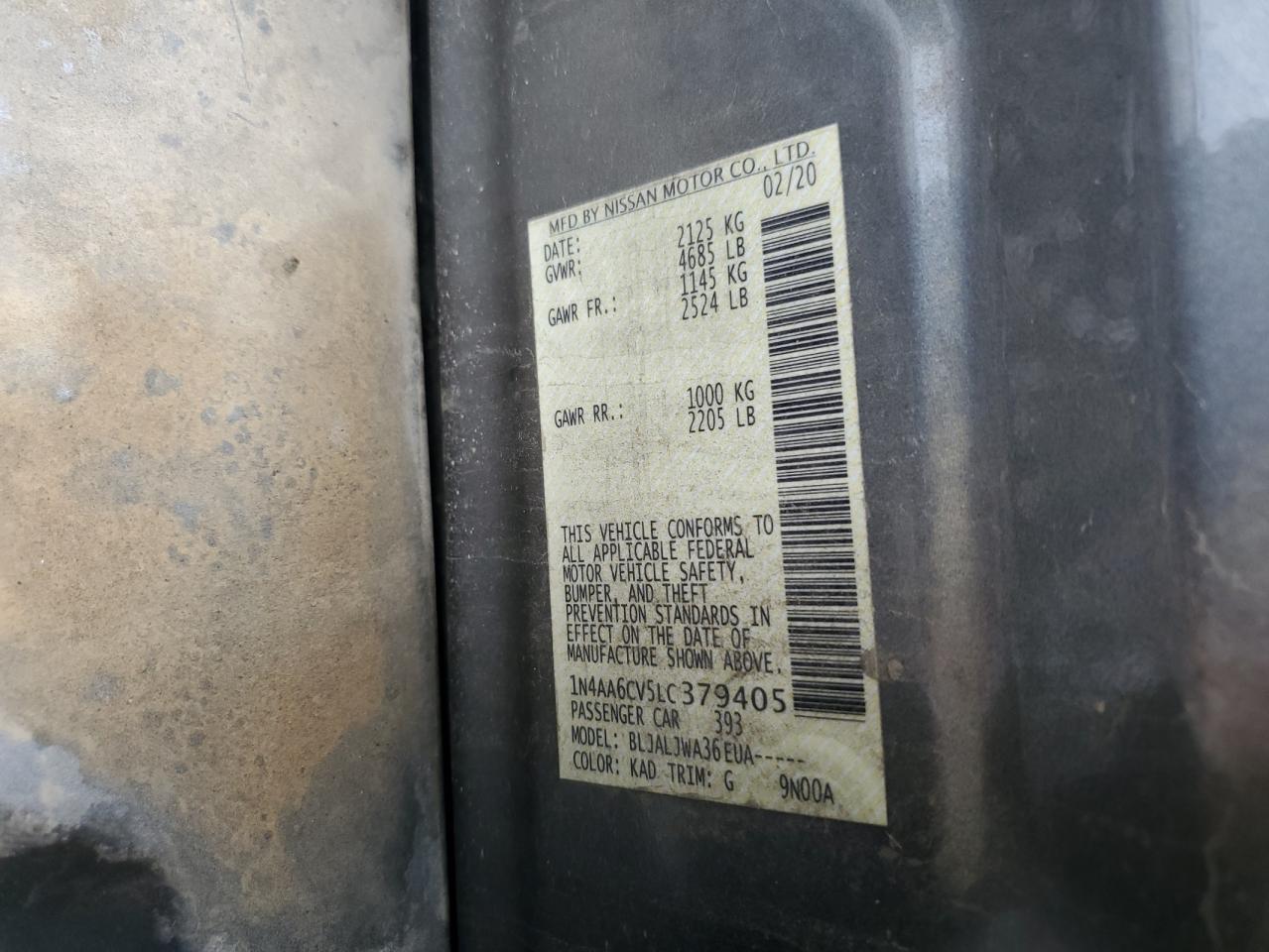 2020 Nissan Maxima Sv VIN: 1N4AA6CV5LC379405 Lot: 85172515