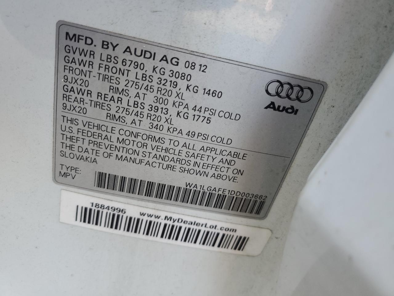 2013 Audi Q7 Premium Plus VIN: WA1LGAFE1DD003662 Lot: 85280815