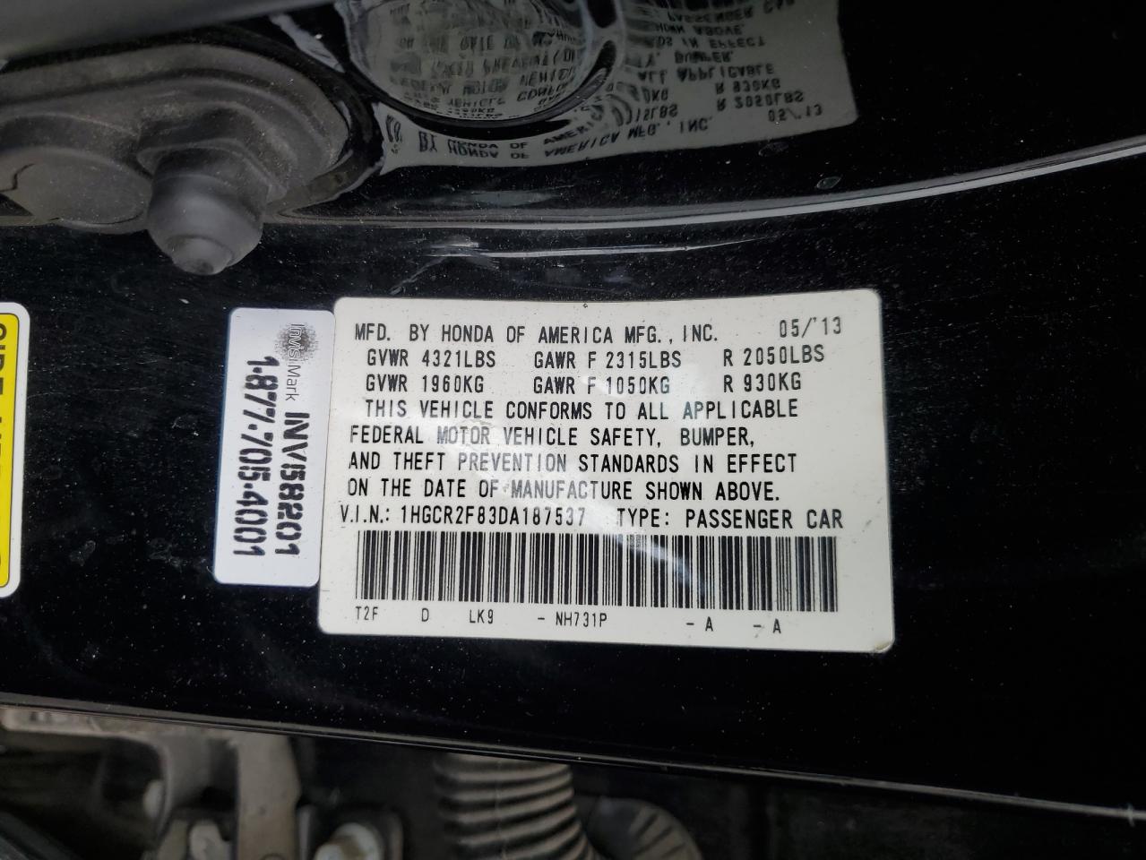 2013 Honda Accord Exl VIN: 1HGCR2F83DA187537 Lot: 85939875