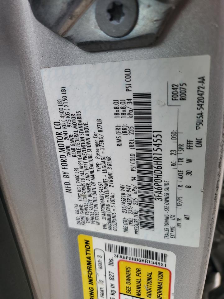 2017 Ford Fusion Se VIN: 3FA6P0HD6HR154551 Lot: 86090525