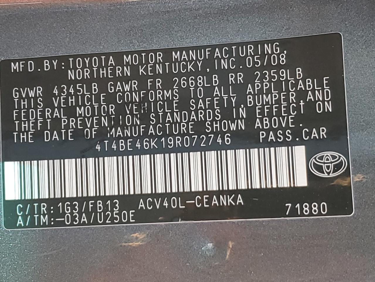 2009 Toyota Camry Base VIN: 4T4BE46K19R072746 Lot: 81961805