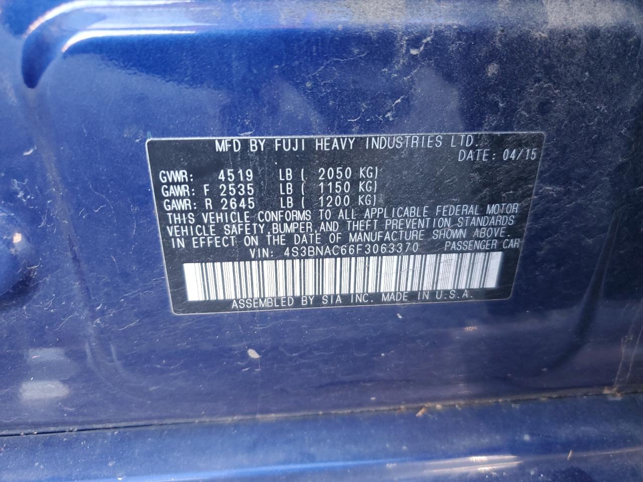 2015 Subaru Legacy 2.5I Premium VIN: 4S3BNAC66F3063370 Lot: 82475395