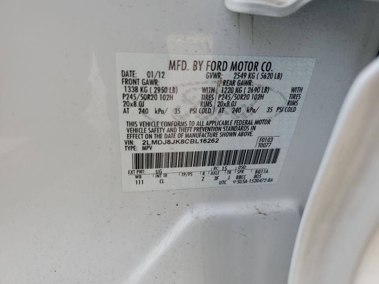 2012 Lincoln Mkx VIN: 2LMDJ8JK8CBL16262 Lot: 86290875