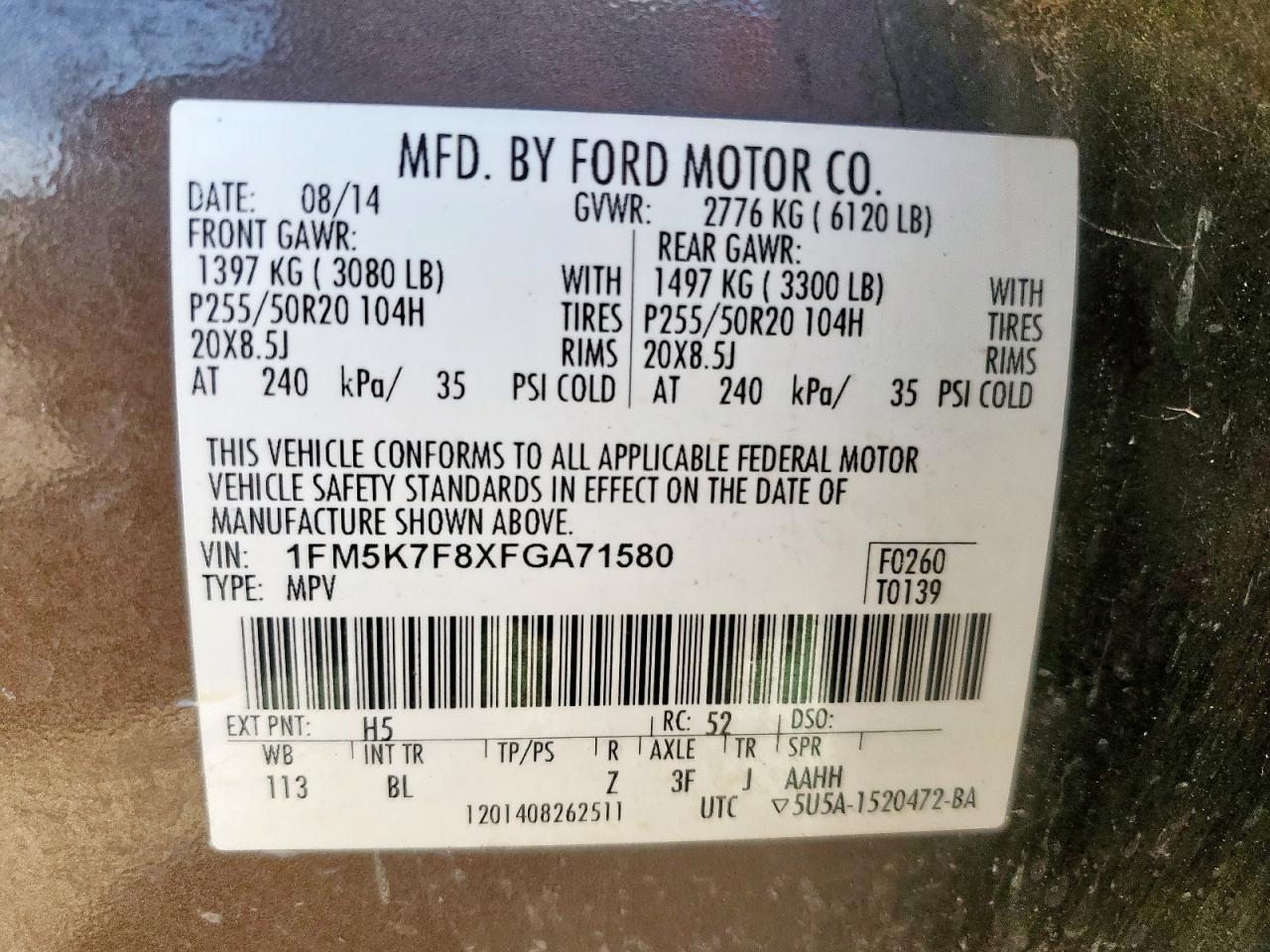 2015 Ford Explorer Limited VIN: 1FM5K7F8XFGA71580 Lot: 86292825