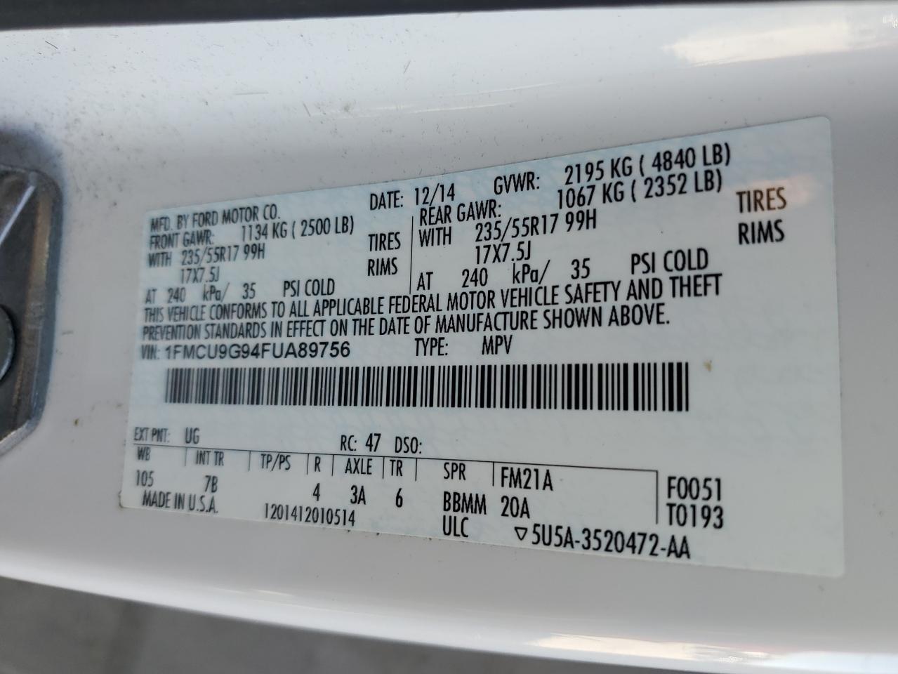 2015 Ford Escape Se VIN: 1FMCU9G94FUA89756 Lot: 95443405