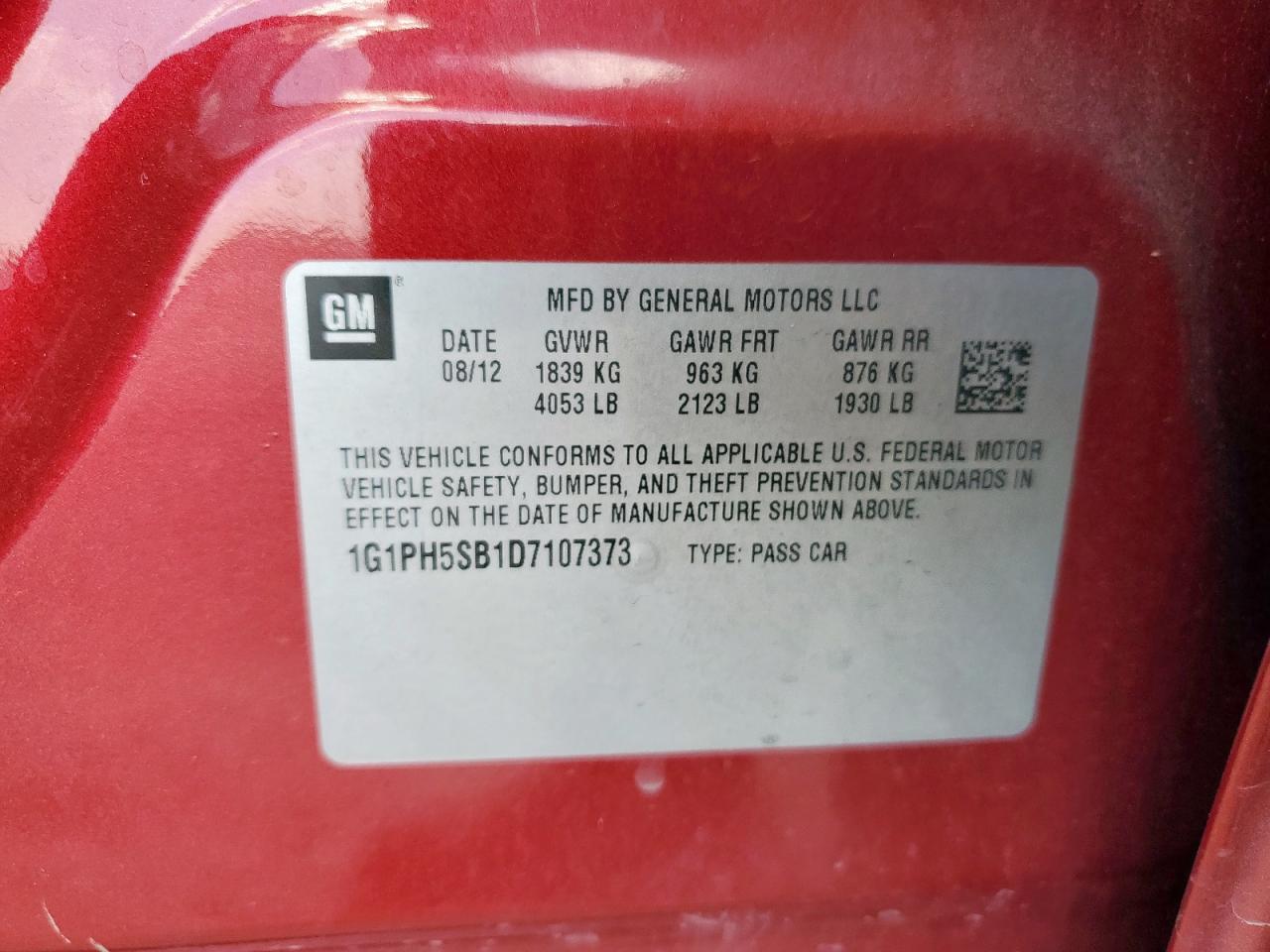 2013 Chevrolet Cruze Eco VIN: 1G1PH5SB1D7107373 Lot: 85152205