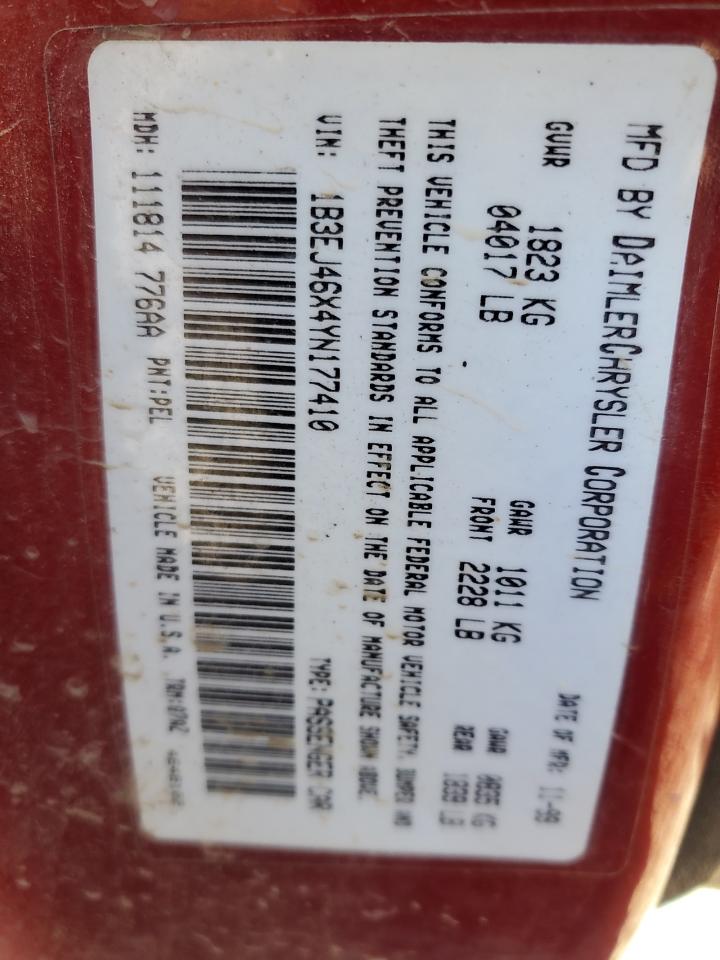 2000 Dodge Stratus Se VIN: 1B3EJ46X4YN177410 Lot: 86432515