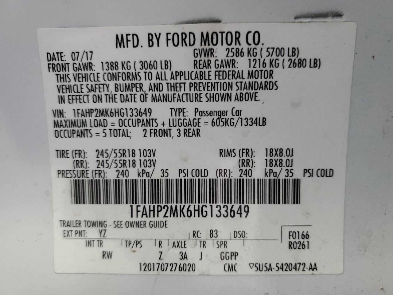 2017 Ford Taurus Police Interceptor VIN: 1FAHP2MK6HG133649 Lot: 85199795