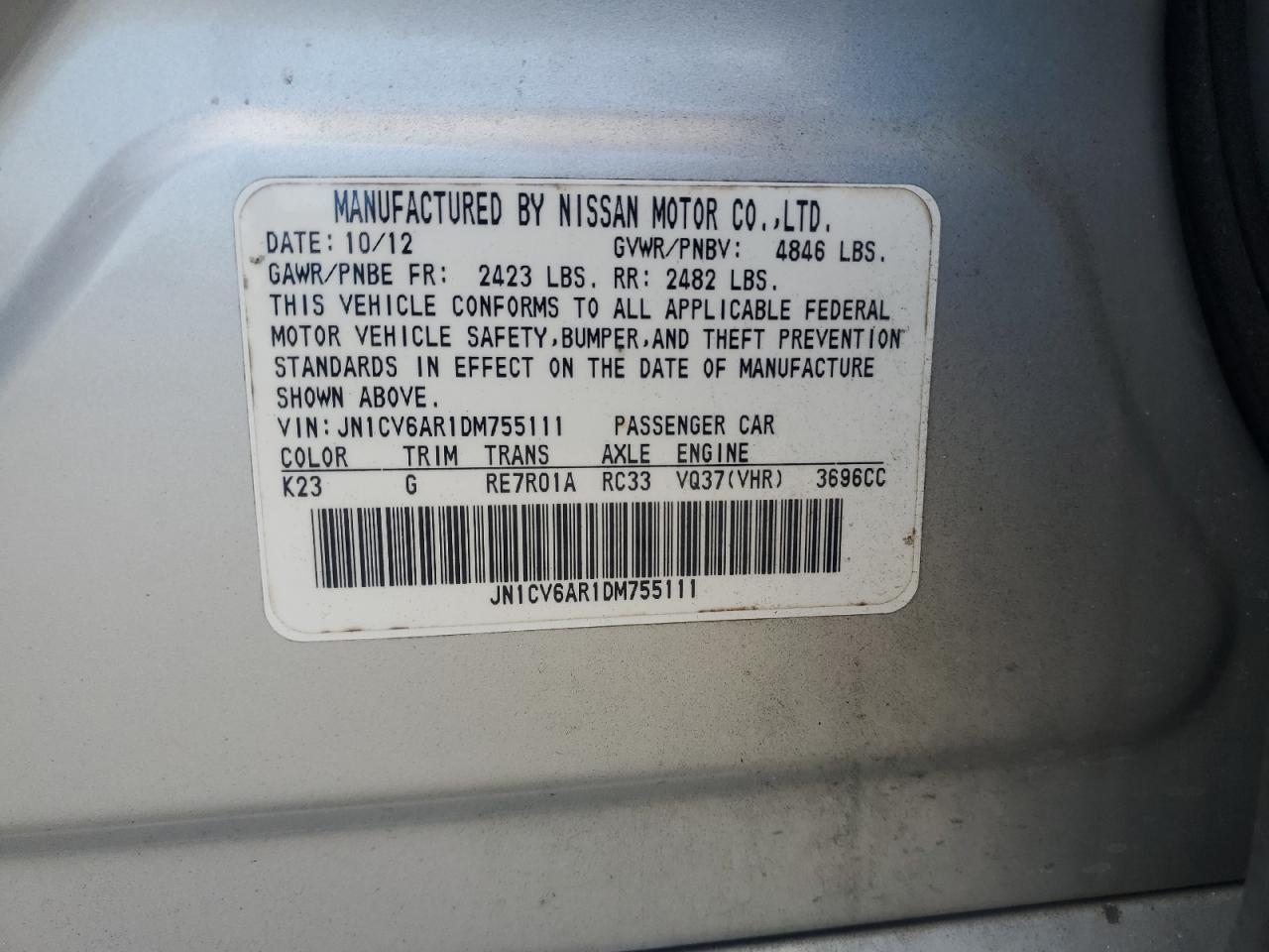 2013 Infiniti G37 VIN: JN1CV6AR1DM755111 Lot: 84924595