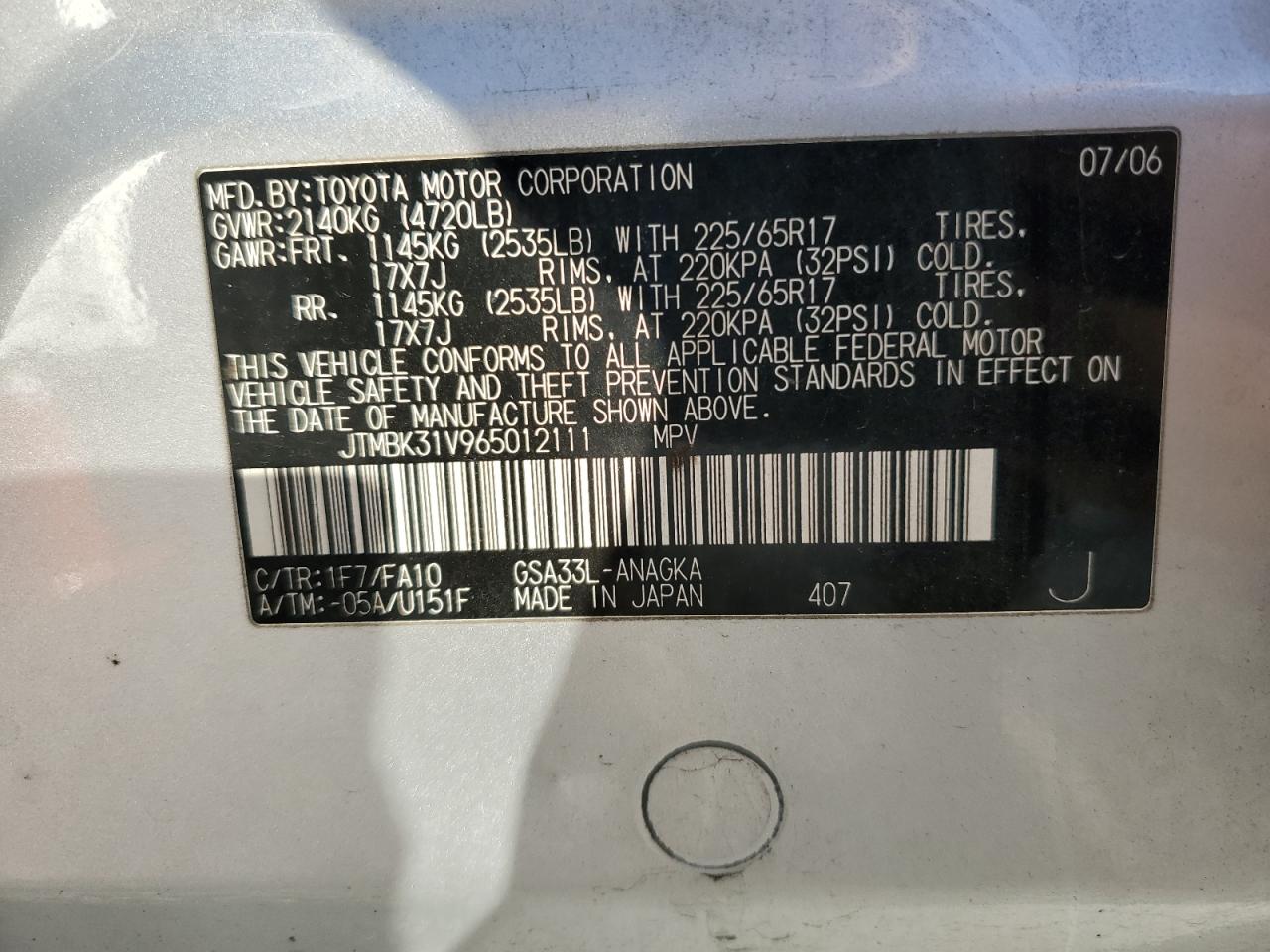 2006 Toyota Rav4 Limited VIN: JTMBK31V965012111 Lot: 85855385