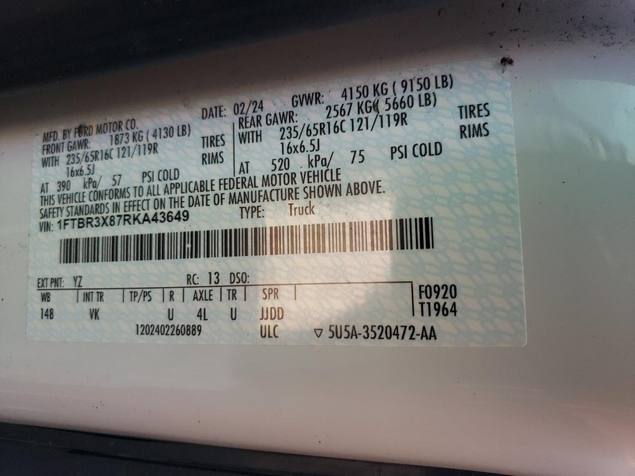 2024 Ford Transit T-250 Delivery Van VIN: 1FTBR3X87RKA43649 Lot: 90065465