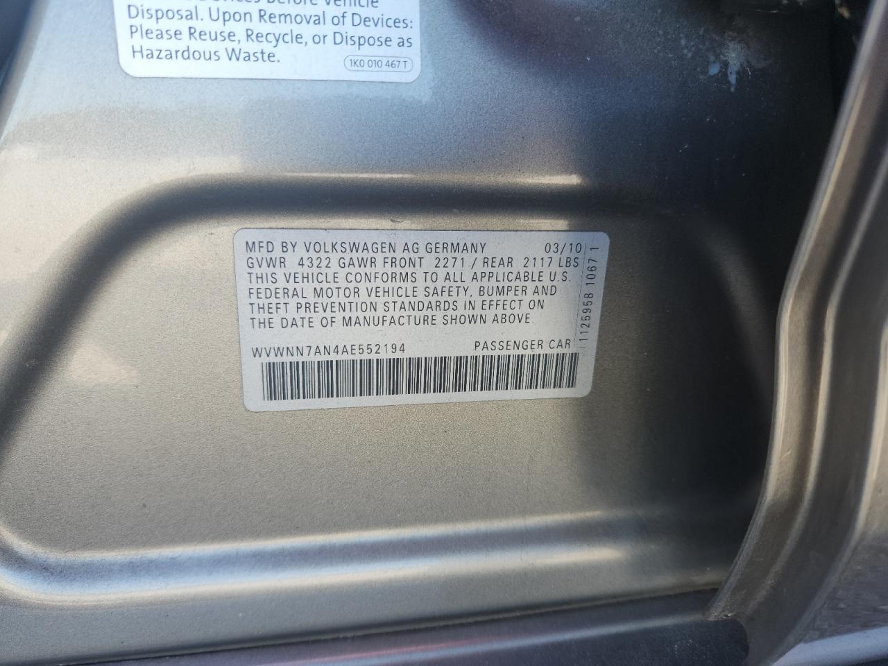 2010 Volkswagen Cc Sport VIN: WVWNN7AN4AE552194 Lot: 86252395